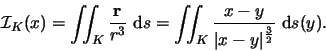 \begin{displaymath}
{\cal I}_K(x) = \int\!\!\!\int_{K} \frac{\ensuremath{\mathbf...
...K} \frac{x - y}{\vert x - y\vert^\frac{3}{2}} \mbox{ d}s (y) .
\end{displaymath}